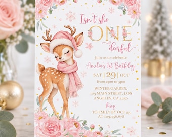 Invitación de invierno para el primer cumpleaños de una niña / Invitación de cumpleaños con ciervo rosa y flores / Plantilla editable de 5x7 pulgadas / D022