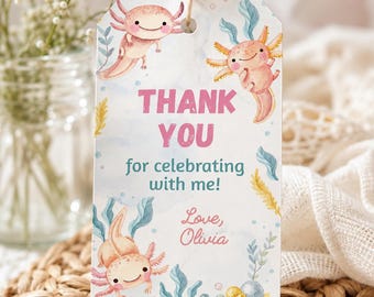 EDITABLE Axolotl Thank You Tag, Axolotl Birthday Favor Tag, Axolotls Girl Birthday Decor, Fish Lake Birthday Party, Printable Template. A009