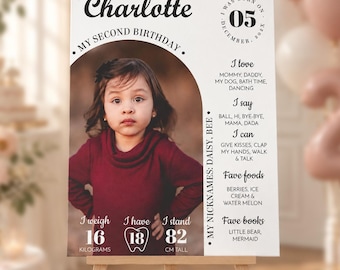 EDITABLE Photo Birthday Milestone Sign, Modern 2nd Birthday Milestone Poster, One Year Photo Baby Milestone Board, Instant Download. M004