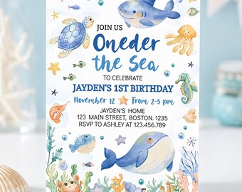 EDITABLE Under The Sea Birthday Invitation , Oneder The Sea First Birthday Invite, Cute Ocean Animals Birthday Party, Printable. O011