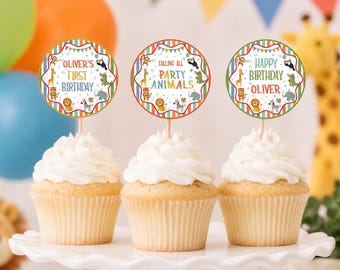 Party Animals Cupcake Toppers | Safari Birthday Cupcake Toppers | Editable Food Favor Tag Stickers | Instant Download | P020