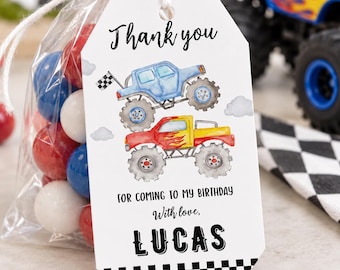 May include: A white rectangular gift tag with a string, featuring a watercolor illustration of a blue and a red monster truck, a checkered flag, and clouds. The text reads: Thank you FOR COMING TO MY BIRTHDAY With love, LUCAS. A checkered border.