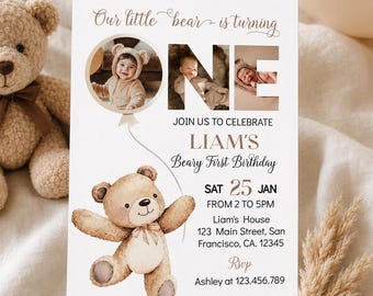 May include: A rectangular birthday invitation card featuring a brown teddy bear illustration and three circular and square photo frames. The text reads: Our little bear is turning ONE, JOIN US TO CELEBRATE LIAM'S Beary First Birthday, SAT 25 JAN FROM 2 TO 5PM.