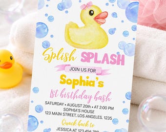 EDITABLE Rubber Duck Birthday Invitation, Girl 1st Birthday Invite, Rubber Duckie Birthday Invitation, Printable Birthday Card. D008