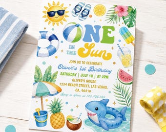 May include: A rectangular birthday invitation card featuring the text ONE IN THE SUN, Oliver's 1st Birthday, Saturday, July 18, at 2PM, Oliver's House, 1234 Beach Street, Las Vegas, CA, 90210, Rsvp to Jane at 123.456.789, with watercolor beach icons.