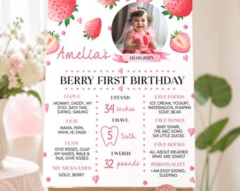 Bewerkbaar bord voor de eerste verjaardag met bessenmotief, poster voor de eerste verjaardag met bessenmotief, bord voor de eerste verjaardag met aardbeienmotief, direct te downloaden. S008