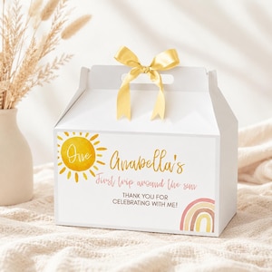 EDITABLE First Trip Around The Sun Birthday Gable Label, Sunshine Birthday Gift Box Label, Boho Rainbow First Birthday Instant Download R004