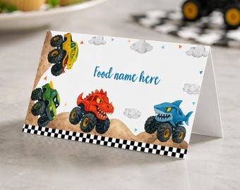 EDITABLE Monster Truck Birthday Food Tent Card, Monster Trucks Party Food Name Card, Boy Birthday Decorations, Editable Template. M012