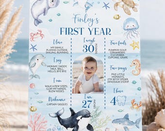 EDITABLE Oneder The Sea 1st Birthday Milestone Sign, Oneder The Sea Milestone, 1st Birthday Poster, Baby Milestone Board, Printable. O013