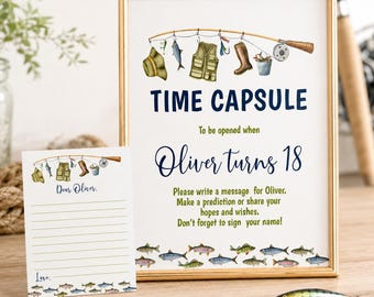 EDITABLE Fishing Birthday Time Capsule Template, The Big One Birthday Party Time Capsule Sign, Fishing Party Decor, Instant Download. F017