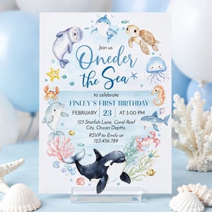 Faire-part Oneder la mer, faire-part d'anniversaire sous la mer, faire-part d'anniversaire animaux marins de l'océan, modèle imprimable modifiable. O013