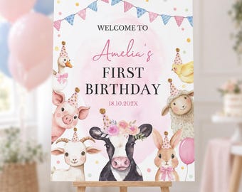 EDITABLE Farm Animals Birthday Welcome Sign, Barnyard Birthday Party Sign, Farm Girl 1st Birthday Decoration, Printable Template. F020