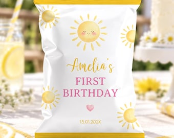Sachet de chips personnalisable pour un premier anniversaire sur le thème du soleil, sachet de friandises d'anniversaire ensoleillé, cadeau pour le premier anniversaire d'une fille, téléchargement instantané. S025