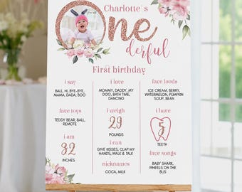 Bewerkbaar mijlpaalbord voor de eerste verjaardag van een meisje, Onederful verjaardagsposter, verjaardagsbord voor Little Miss Onederful, direct te downloaden. F007