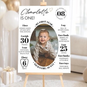 May include: A white milestone birthday sign for a one-year-old named Charlotte, featuring a central oval photo of a baby, birth date December 8, 202X, weight 30 pounds, height 25 inches, 6 teeth, and lists of favorite foods, books, and toys.