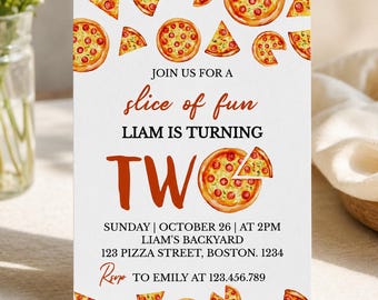May include: A white birthday invitation card featuring a watercolor pizza pattern with pepperoni slices. The text reads: JOIN US FOR A slice of fun LIAM IS TURNING TWO SUNDAY | OCTOBER 26 | AT 2PM LIAM'S BACKYARD 123 PIZZA STREET, BOSTON. 1234 Rsvp TO EMILY AT 123.456.789