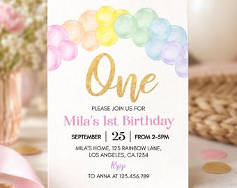 Editable Pastel Rainbow 1st Birthday Invitation, Pastel 1st Birthday Invitation, Girl 1st Birthday, Pastel Party. Instant Download. P010