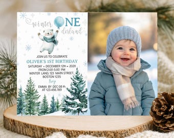 Onederland 1. Geburtstagseinladung, Bearbeitbare Einladung zum 1. Geburtstag mit Fotobereich, Einladungsvorlage für eine Winterparty, Druckbar, W017.