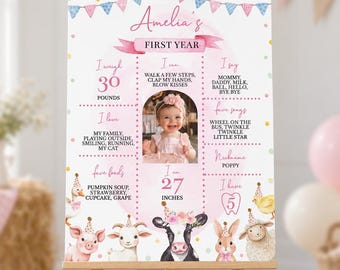 EDITABLE Farm Party Animals Birthday Milestone, Girl 1st Birthday Photo Milestone Poster, Farm Birthday Photo Milestone Sign, Printable F020