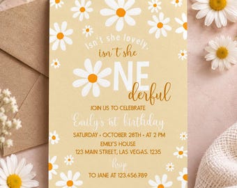 Retro Daisy Birthday Party Invitation, Daisy 1st Birthday Invitation, Isn't She Lovely Isn't She Onederful Invite, Instant Download. D012
