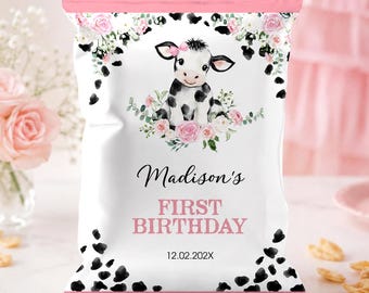 EDITABLE Holy Cow I'm One Birthday Chip Bags, Cow First Birthday Snack Bags, Floral Farm Birthday Party Favors, Printable Template. C009