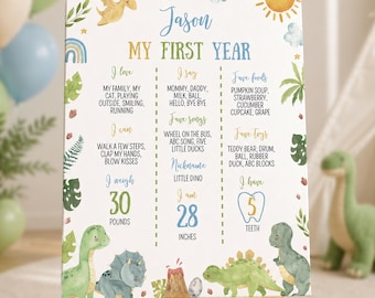 May include: A white milestone board for a first birthday featuring the name Jason, dinosaur illustrations, and text detailing developmental milestones including 13.6 kg, 71 cm, and 5 teeth, decorated with green leaves, clouds, and a sun.