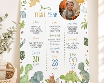 May include: A personalised milestone poster titled Jason's First Year featuring a circular photo of a child, watercolour dinosaur illustrations, and text detailing developmental milestones, favourite foods, songs, toys, weight of 30 pounds, and 28 inches.