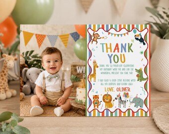 Editable Party Animals Thank You Card | Animal Birthday Thank You Card | First Birthday Thank You Template | Instant Download | P020