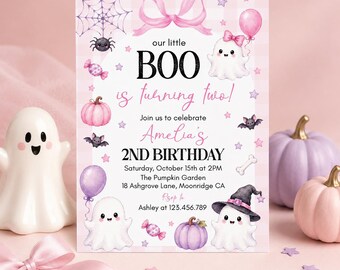 Editable Pink Halloween 2nd Birthday Invitation, Girl Birthday Invite, Instant Download HA05