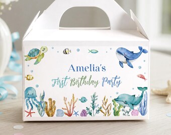 Etichetta modificabile per scatola regalo a forma di casetta a tema "Sotto il mare", etichetta per scatola bomboniera per festa di compleanno a tema oceano, decorazioni per feste con animali marini, stampabile. O009