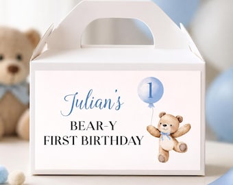 EDITABLE Teddy Bear Birthday Party Gable Gift Box Label, Beary 1st Birthday Gable Label, Boy Birthday Party Favors, Printable Template. B022