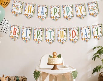 Editable Party Animals Birthday Banner | Safari Happy Birthday Banner | Zoo Animal Party Banner Flags | Instant Download | P020