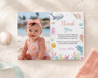 EDITABLE Under The Sea Birthday Thank You Card, Ocean Birthday Picture Thank You Card, Ocean Animals Birthday Favor Card, Printable. O007