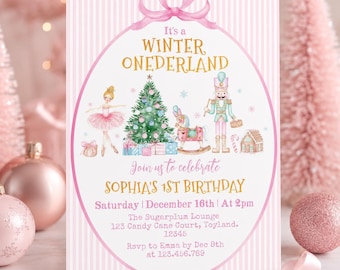 Winter Onederland Birthday Invitation, Nutcracker Sugar Plum Party Template, Pink Fairy Christmas 1st Birthday Invite Printable. N004