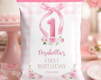 EDITABLE Pink Bow Birthday Chip Bag, Girl 1st Birthday Party Favors, Blush Pink Party Birthday Favors, Printable Template. P014