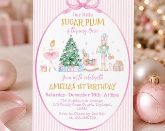 Nutcracker Birthday Invitation, Sugar Plum Party Template, Pink Fairy Christmas 1st Birthday Invite, Instant Download. N004
