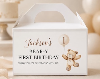 Etichetta modificabile per scatola regalo a forma di casetta per la festa di compleanno a tema orsetto, etichetta per la casetta del primo compleanno a tema orsetto, bomboniere a tema orsetto, modello stampabile. B022