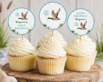 Décorations pour cupcakes « Canard porte-bonheur » modifiables, décoration d'anniversaire « Canard porte-bonheur », décoration pour le 1er anniversaire d'un garçon, à imprimer. L007