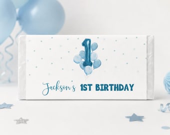 EDITABLE 1st Birthday Party Candy Bar Wrapper, Baby Boy Party Favors, Blue Balloon Birthday Chocolate Wrapper, Printable Template. B004