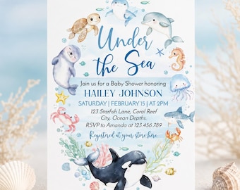 Under The Sea Baby Shower Invitation, Ocean Baby Shower Invite, Cute Ocean Animals Baby Shower Invitation, Printable Template. O013