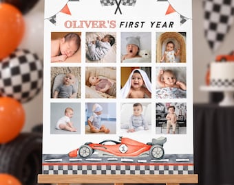 編集可能なレーシングカー1周年記念フォトコラージュ、レーシングカー1歳の誕生日記念ポスター、Fast Oneバースデーサイン、即時ダウンロード。R012
