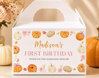 EDITABLE Pumpkin 1st Birthday Gable Gift Box Label, Our Little Pumpkin Gable Label, Pink Bow Party Favors, Girl Birthday Printable. P018