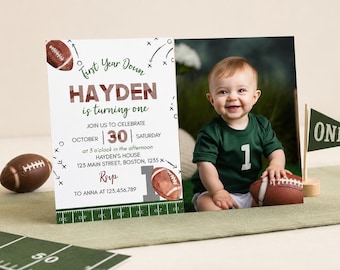 EDITABLE Football Birthday Invitation, Football Party Photo Invite, Sports 1st Birthday Invite, Instant Download. F016