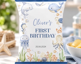 Sachets de chips personnalisables pour anniversaire sur le thème de l'océan, jolis sachets à goûter, cadeaux d'anniversaire sur le thème de l'océan, modèle à imprimer. O015