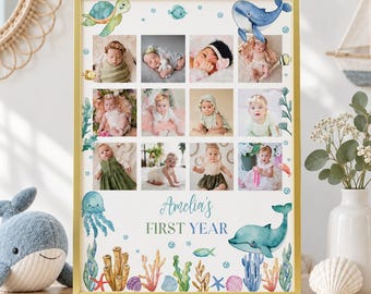 編集可能な海中テーマの1歳フォトコラージュ、海の誕生日記念ポスター、海中テーマの1歳誕生日サイン、即時ダウンロード。O009