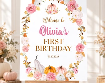 Bearbeitbares Kürbis-Geburtstagsschild, Boho-Herbst-Geburtstagsdeko, Kürbis-Geburtstagsparty zum 1. Geburtstag, Mädchen-Geburtstagsschild, Druckvorlage P015