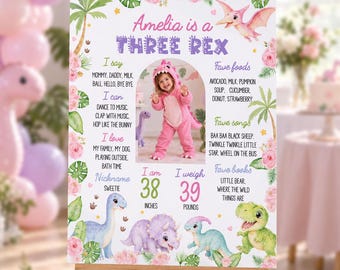 Editable Three Rex Birthday Milestone Sign | Girl Dinosaur 3rd Birthday Board | Pastel Dino Photo Poster | Instant Download | D023
