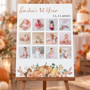 May include: A white rectangular sign on a wooden easel featuring the text Amelia's 1st Year and 11.11.202X. The sign displays a grid of twelve photographs of a baby and is decorated at the bottom with illustrations of pumpkins and flowers.