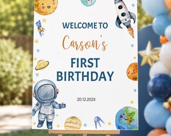 Letrero editable de bienvenida para el primer cumpleaños "Primer viaje alrededor del sol", decoración de fiesta "Fuera de este mundo", letrero de astronauta para el primer cumpleaños, descarga instantánea. O006
