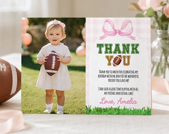 EDITABLE Football Birthday Thank You Card, Pink Bow Party Photo Thank You Card, Girl 1st Birthday Favor Card, Instant Download. F009
